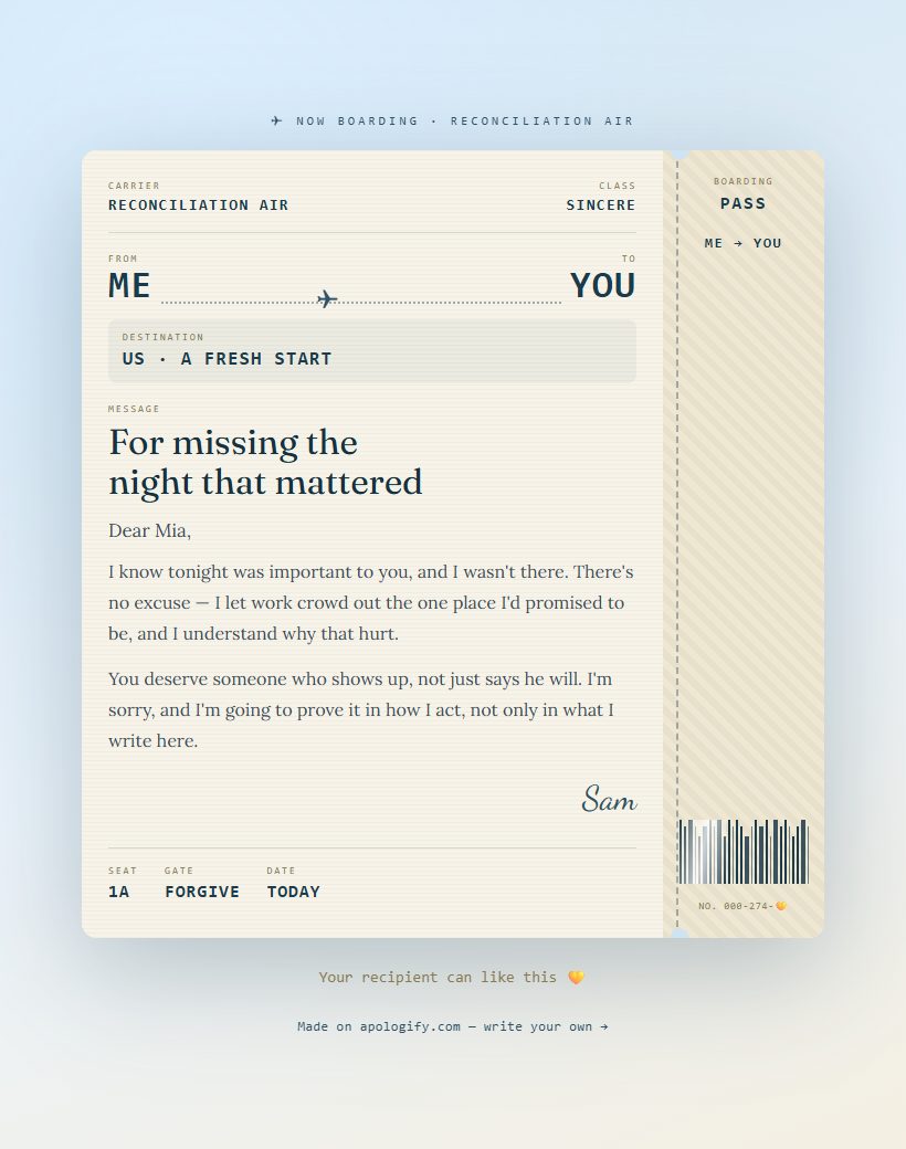 Boarding Pass apology page design