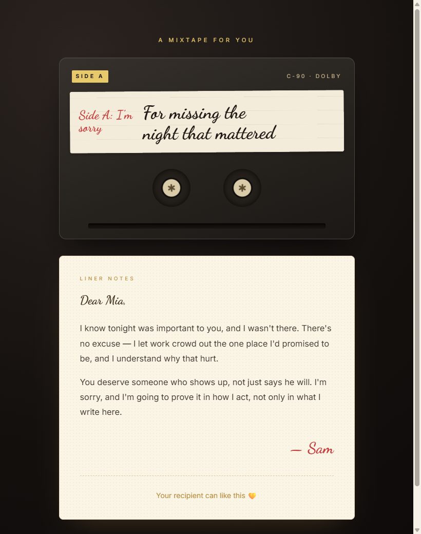 Mixtape apology page design