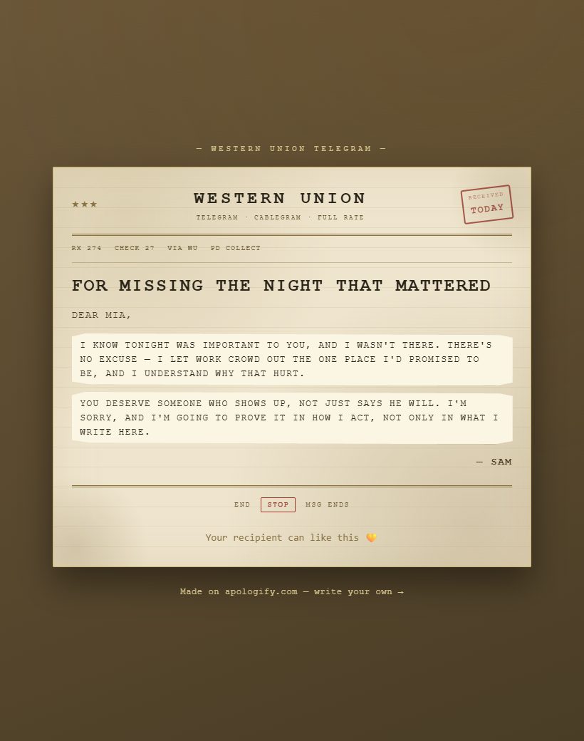 Telegram apology page design